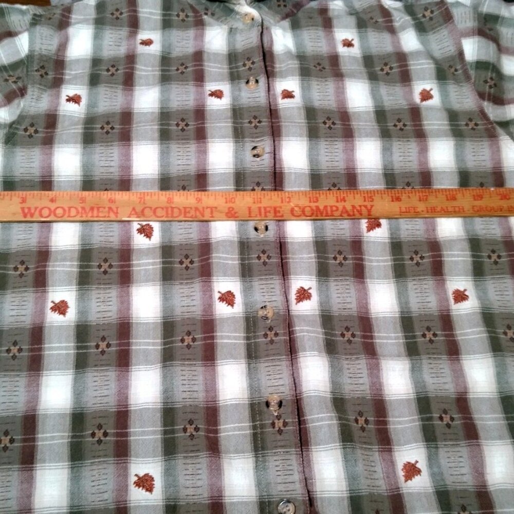 Vintage Casey And Max Blouse Women L Brown Plaid Embroidered Leaf Leaves Fall - Picture 5 of 15